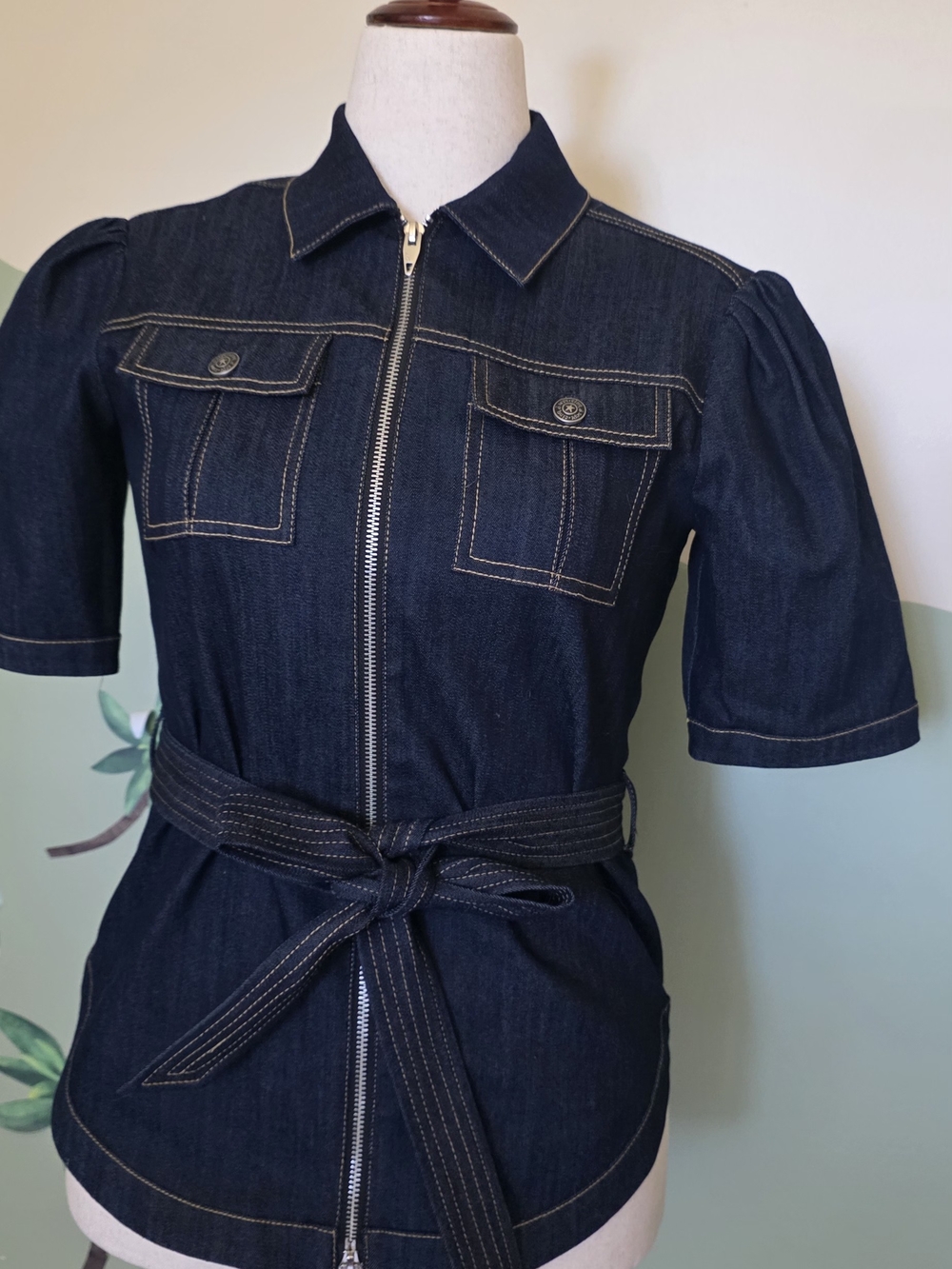 cinq a sept Dark Blue Denim Zip-Front Jacket with Waist Tie